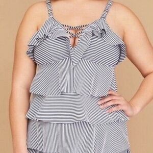 NEW Swim by Cacique Navy Blue & White Ruffle Tankini Swim Top Size 20